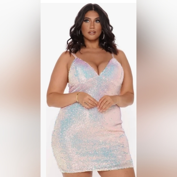 Fashion Nova Iridescent Sequin V Neck Spaghetti  Strap Dress - Picture 1 of 7